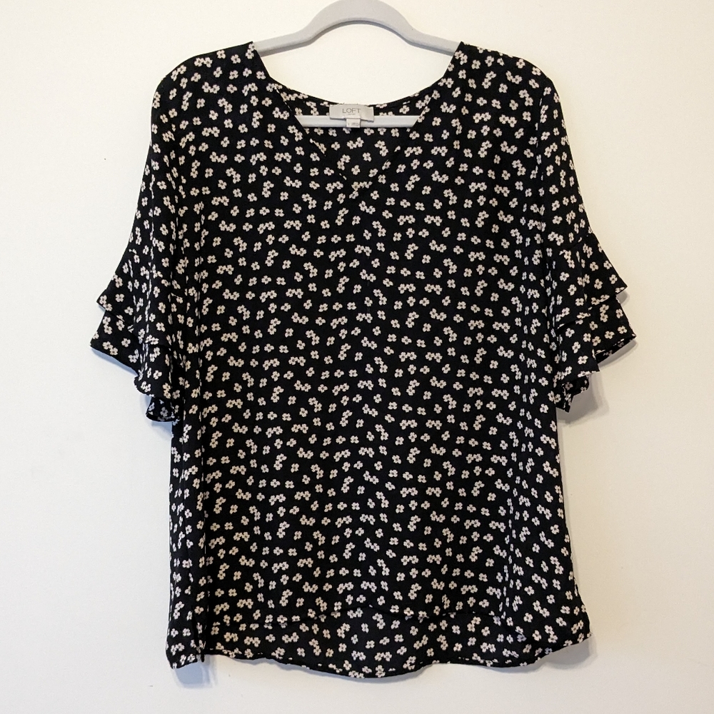 LOFT Ruffle 3/4 Sleeve Black Top Women's Large